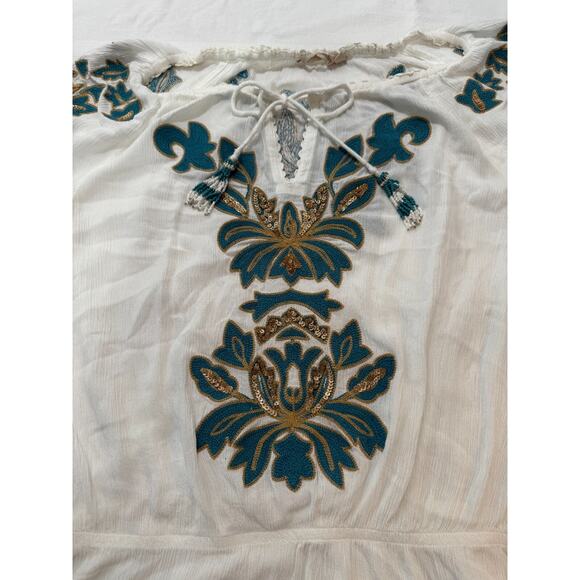 Soft Surroundings Shirt Sz S White Green Embroidered Sequins Tassel Boho Top - Picture 7 of 12